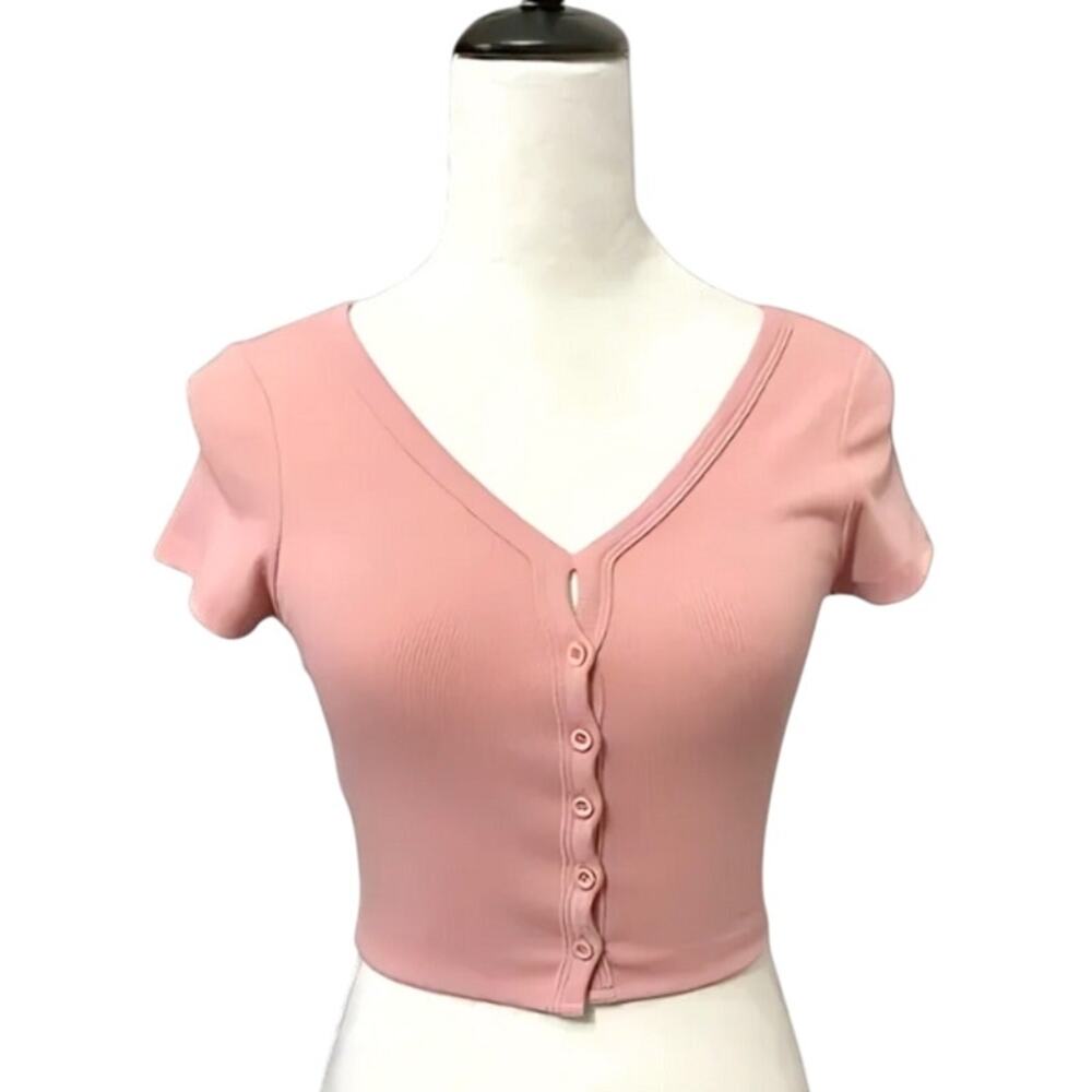 Better Be Crop Sweater Top Ribbed Knit Button-Down Short Sleeve Taupe Pink W S